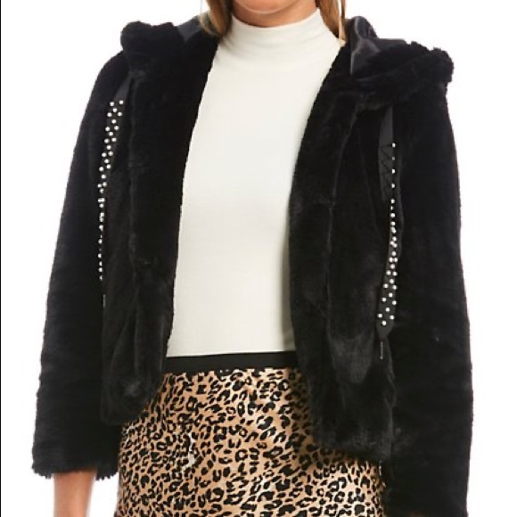 NWT Levivel Black Faux Fur Pearl Hooded Jacket - Picture 2 of 9